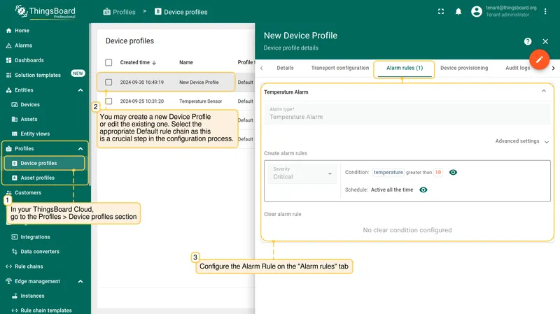Device profile with alarm rule configured and default rule chain selected — PE
