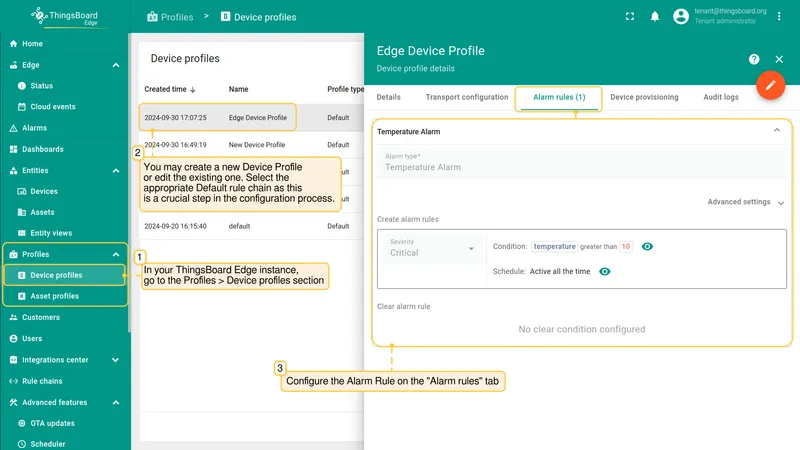 Device profile on Edge with alarm rule and default rule chain configured — PE