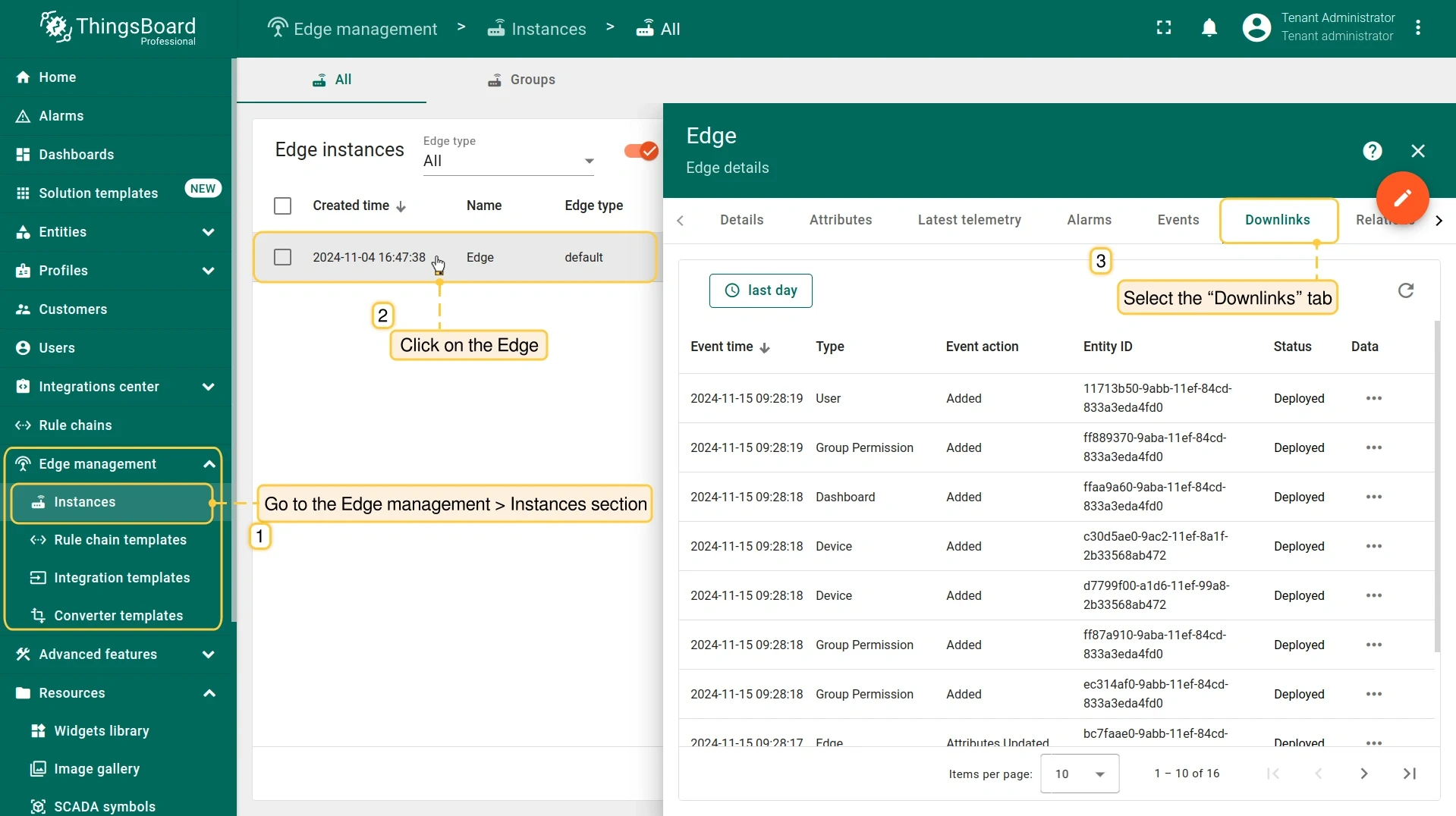 Downlinks tab showing messages transferred from the server to the Edge (PE)