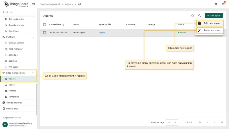The Agents page with the Add agent dropdown open and the Add new agent option highlighted