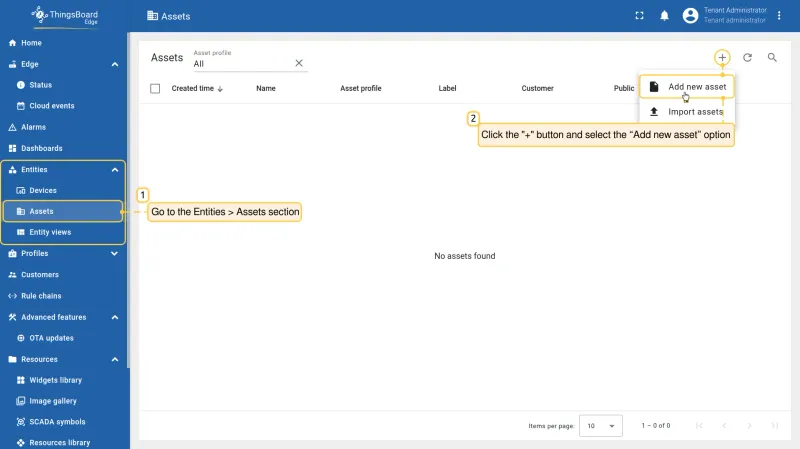 Assets section with Add new asset option selected