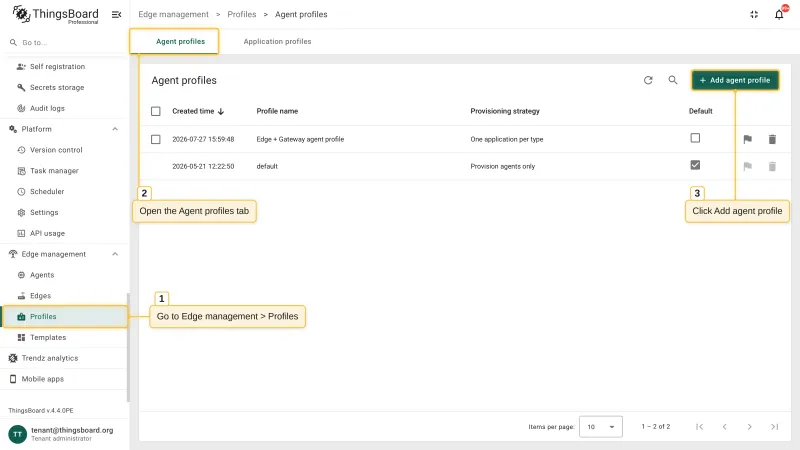 The Agent profiles tab of the Profiles page with the Add agent profile button highlighted