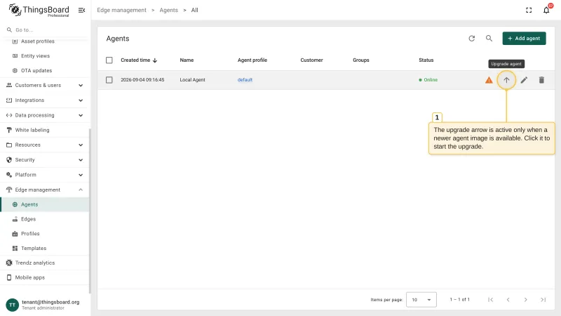 The Agents table with the Upgrade agent row action active and its tooltip shown, and the note that the arrow is active only when a newer agent image is available