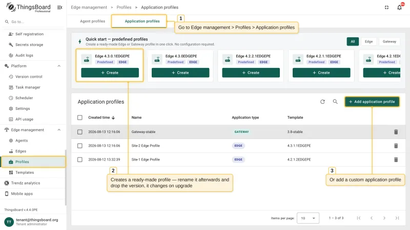 The Application profiles page with the Quick start panel of predefined Edge and Gateway profiles and the Add application profile button