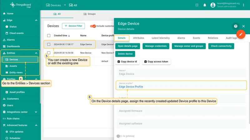 Device details page on Edge with device profile assigned — PE