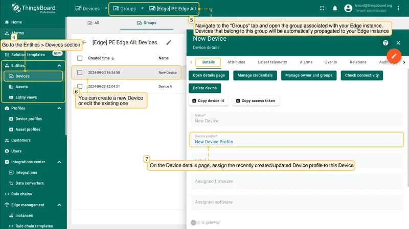 Device details page with the device profile assigned — PE