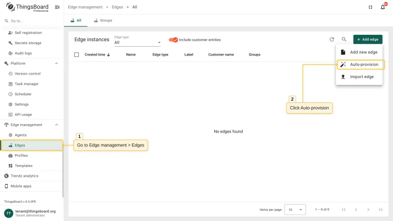 The Edge instances page with the Add edge menu open and the Auto-provision item highlighted