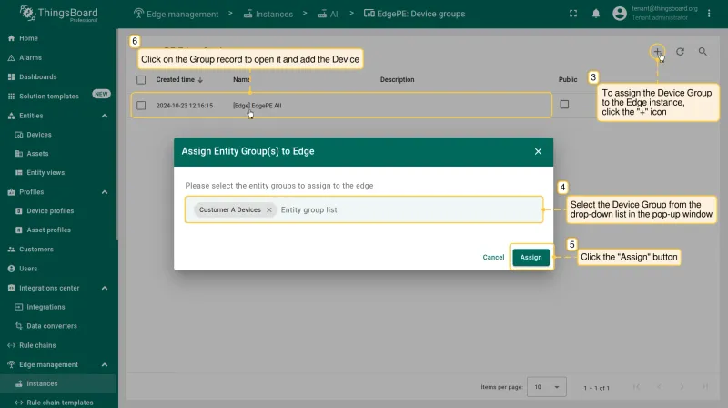 Device groups dialog with group selection dropdown