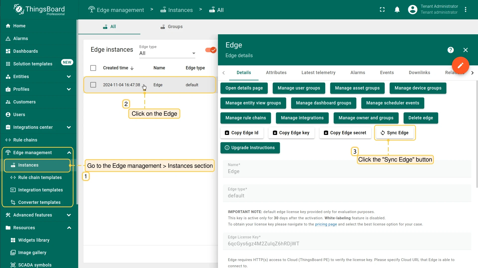 Sync Edge button on the Edge details page (PE)