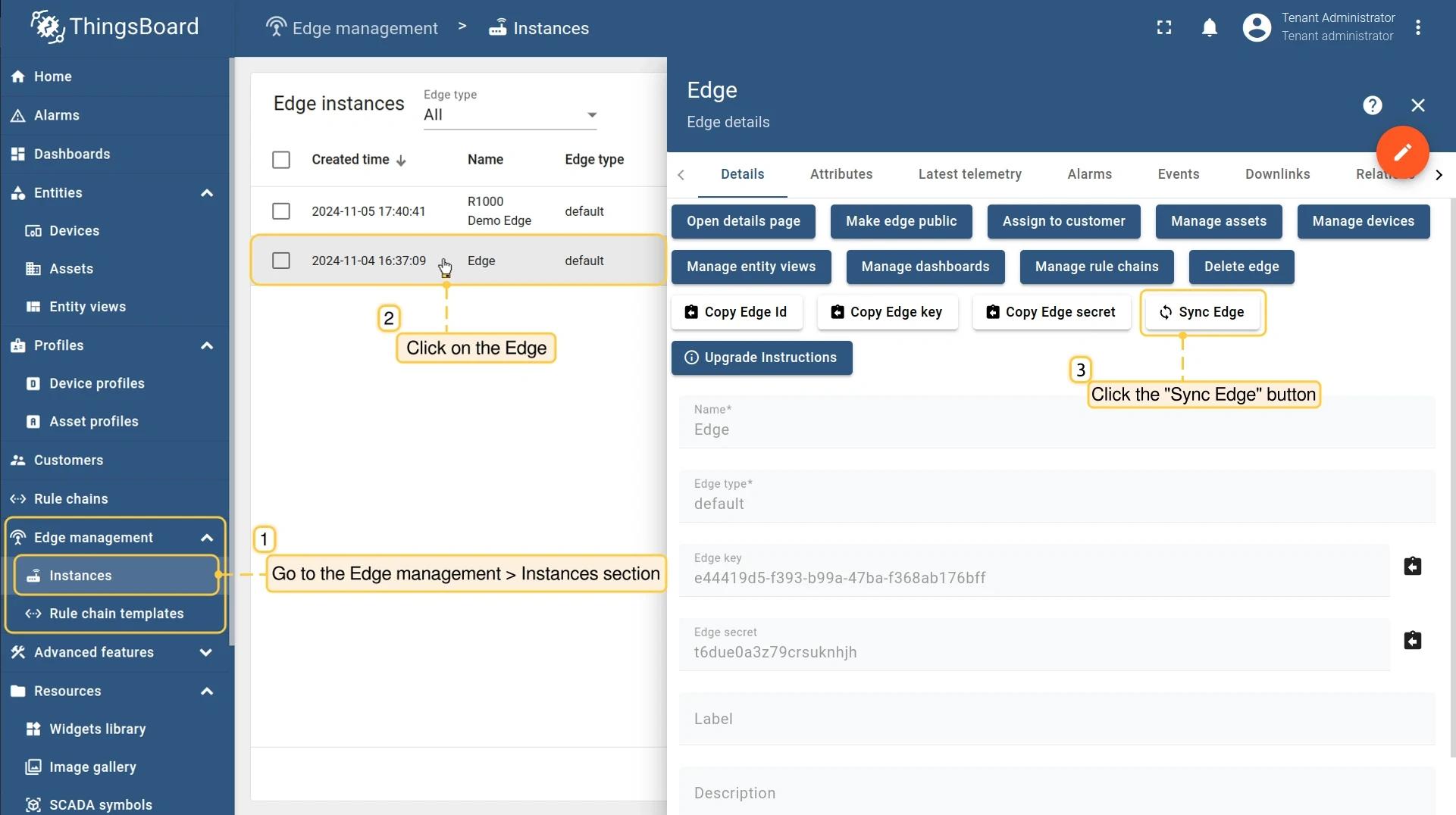 Sync Edge button on the Edge details page