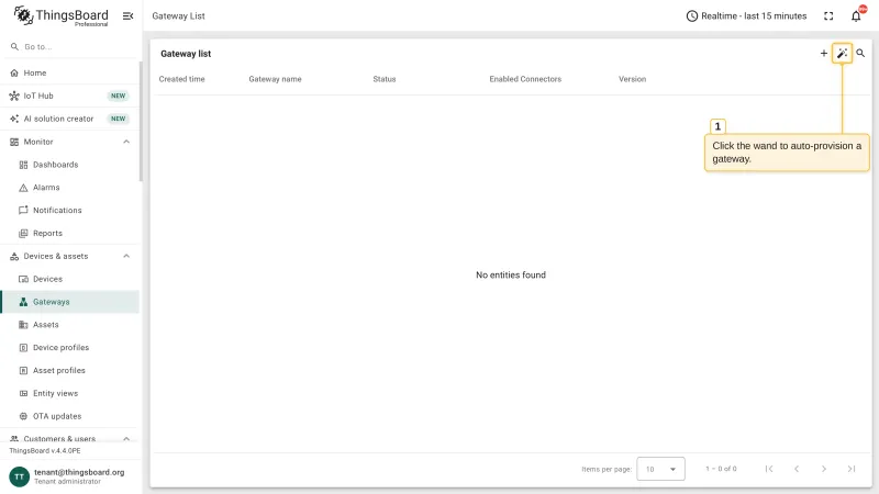 The Gateway list page with the highlighted wand icon that auto-provisions a gateway