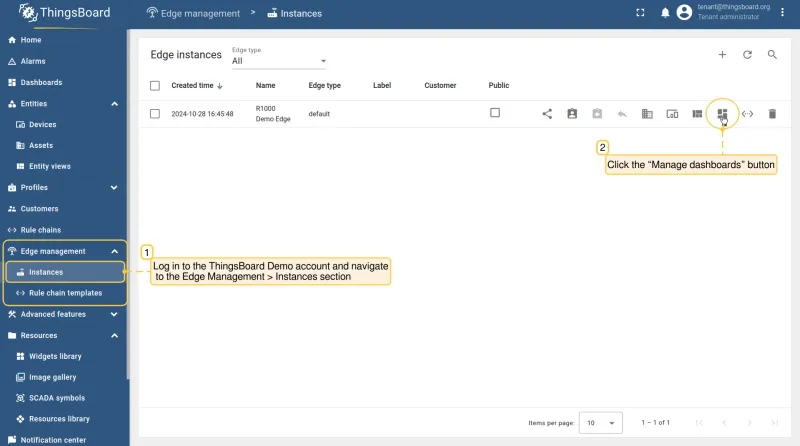 Edge Instances section with Manage dashboards button