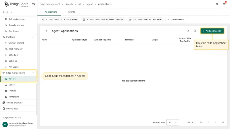 The Applications page of an agent with the Add application button highlighted in the top-right corner