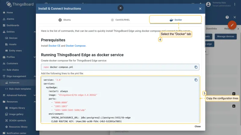 Install & Connect Instructions dialog with Docker tab selected