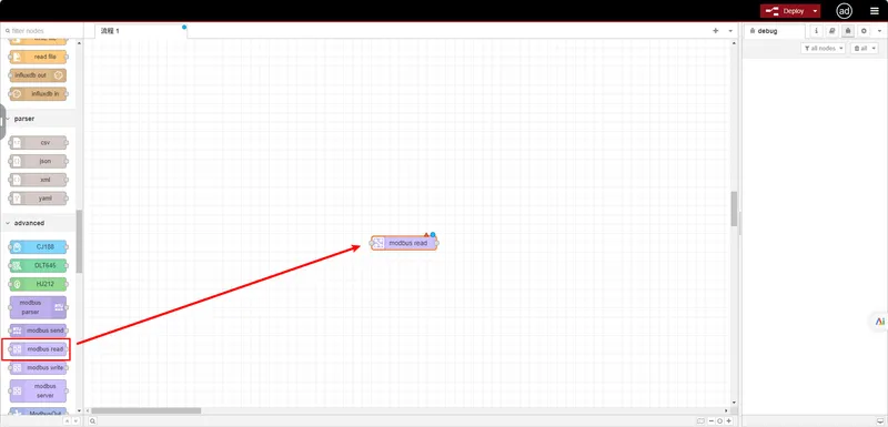 Drag out a **modbus read** node.