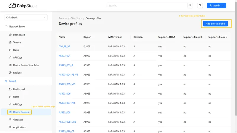 Login to ChirpStack server. Go to the **Device profiles** page and click on **Add device profile** button.