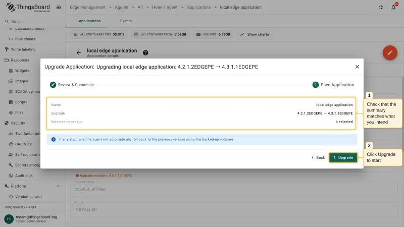 The Save Application step of the Upgrade Application wizard with the summary of the application name, the version change, and the selected backup volumes, and the note about automatic rollback