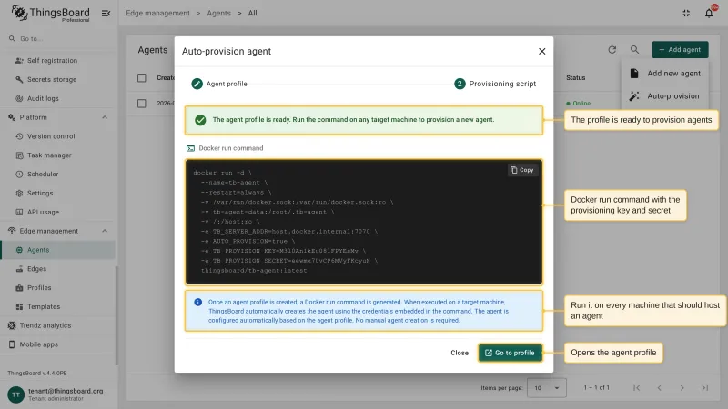 The Provisioning script step of the Auto-provision agent dialog with a docker run command containing the provision key and secret
