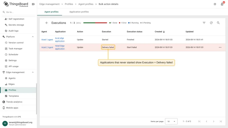 The bulk action details page of a bulk update where one application finished and the other shows the Delivery failed execution and the Start Failed status