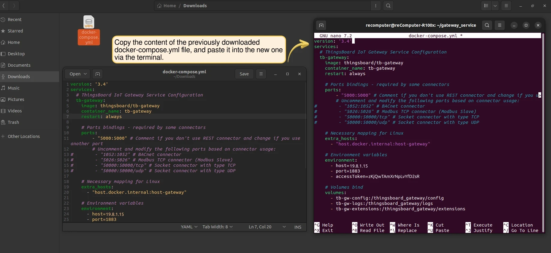 Terminal with docker-compose.yml open and IoT Gateway configuration pasted