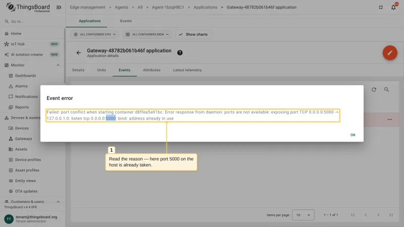 The Event error dialog with the error reason: the container failed to start because port 5000 on the host is already in use
