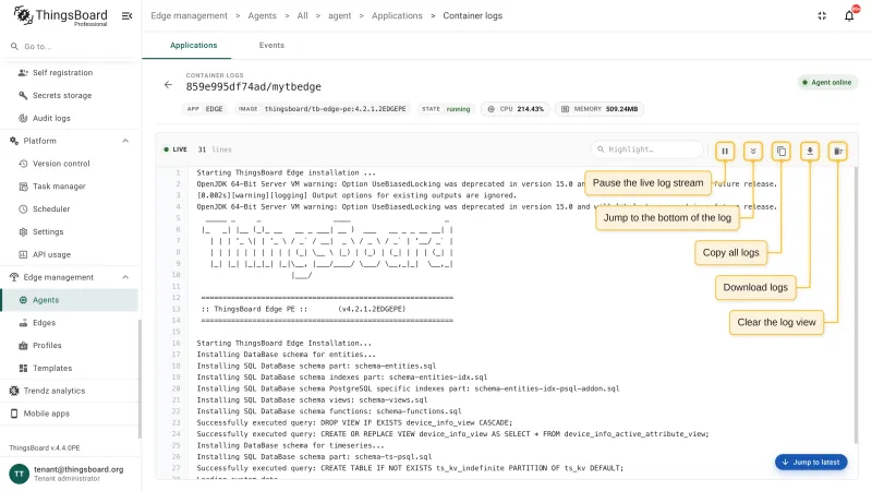 The container logs viewer with a live log stream and the pause, jump to the bottom, copy, download, and clear controls highlighted