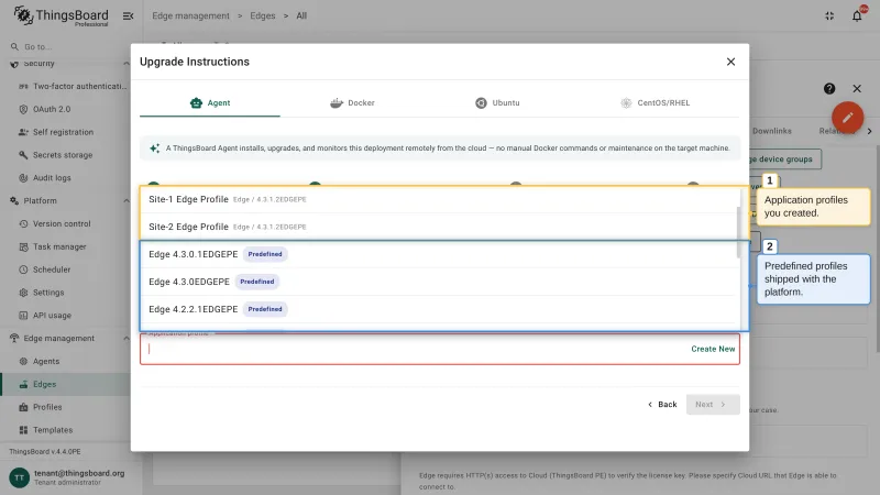 The application profile selector with the profiles created by the user and the predefined profiles shipped with the platform