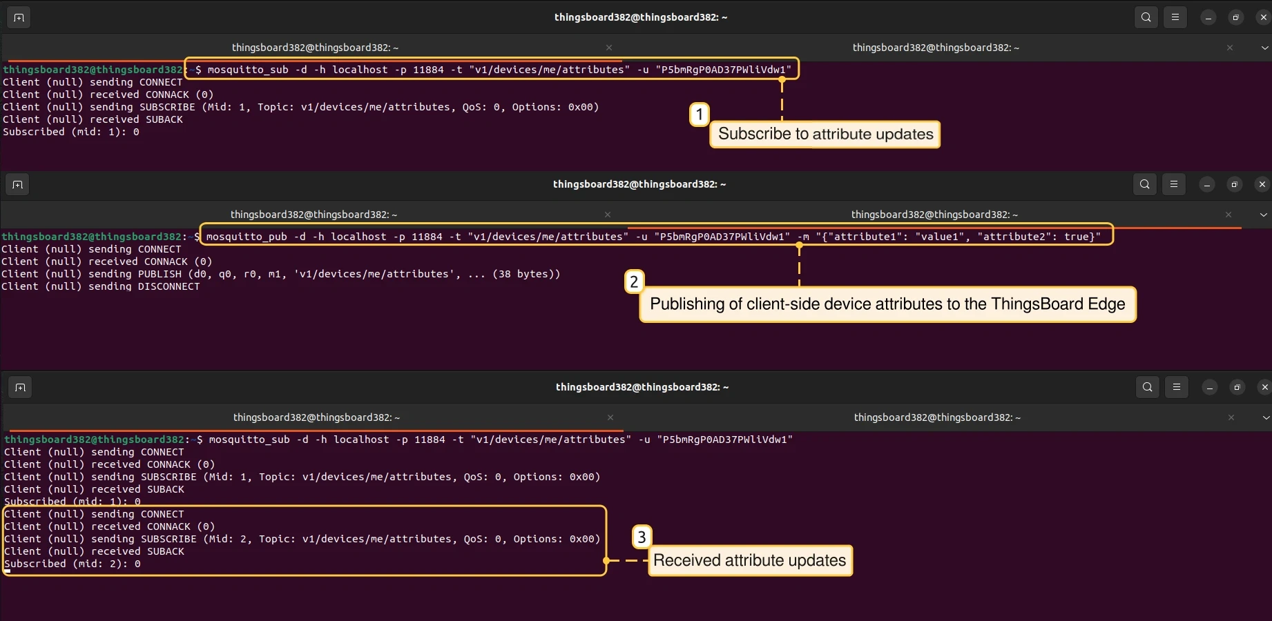 Terminal output showing shared attribute update received via MQTT subscription (PE)