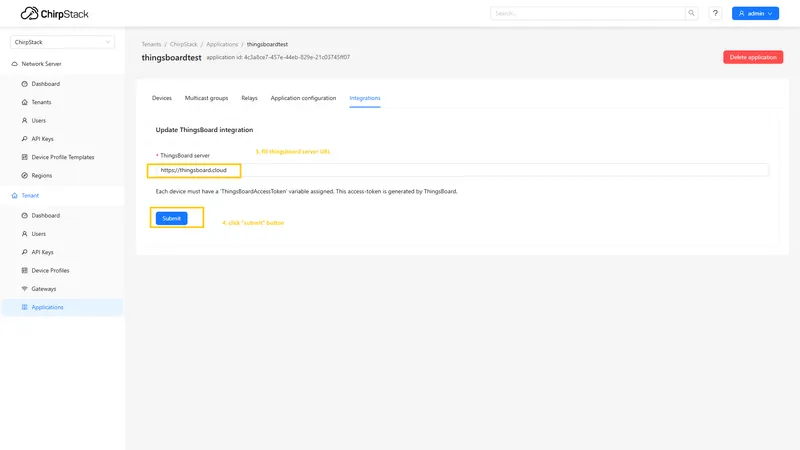 Enter the URL of your **ThingsBoard** server and click **Submit** button.