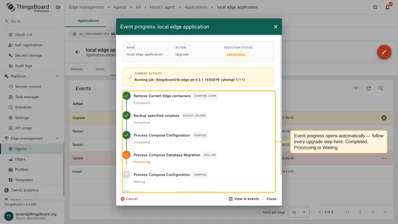 The Event progress dialog of an upgrade event with the Processing execution status, the current activity, and the per-step breakdown of the upgrade