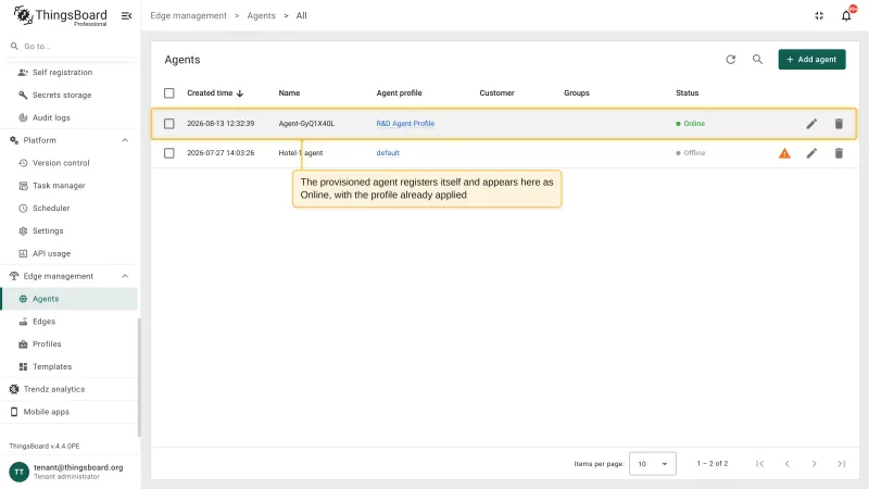 The Agents list with a new auto-provisioned agent shown as Online and its agent profile applied