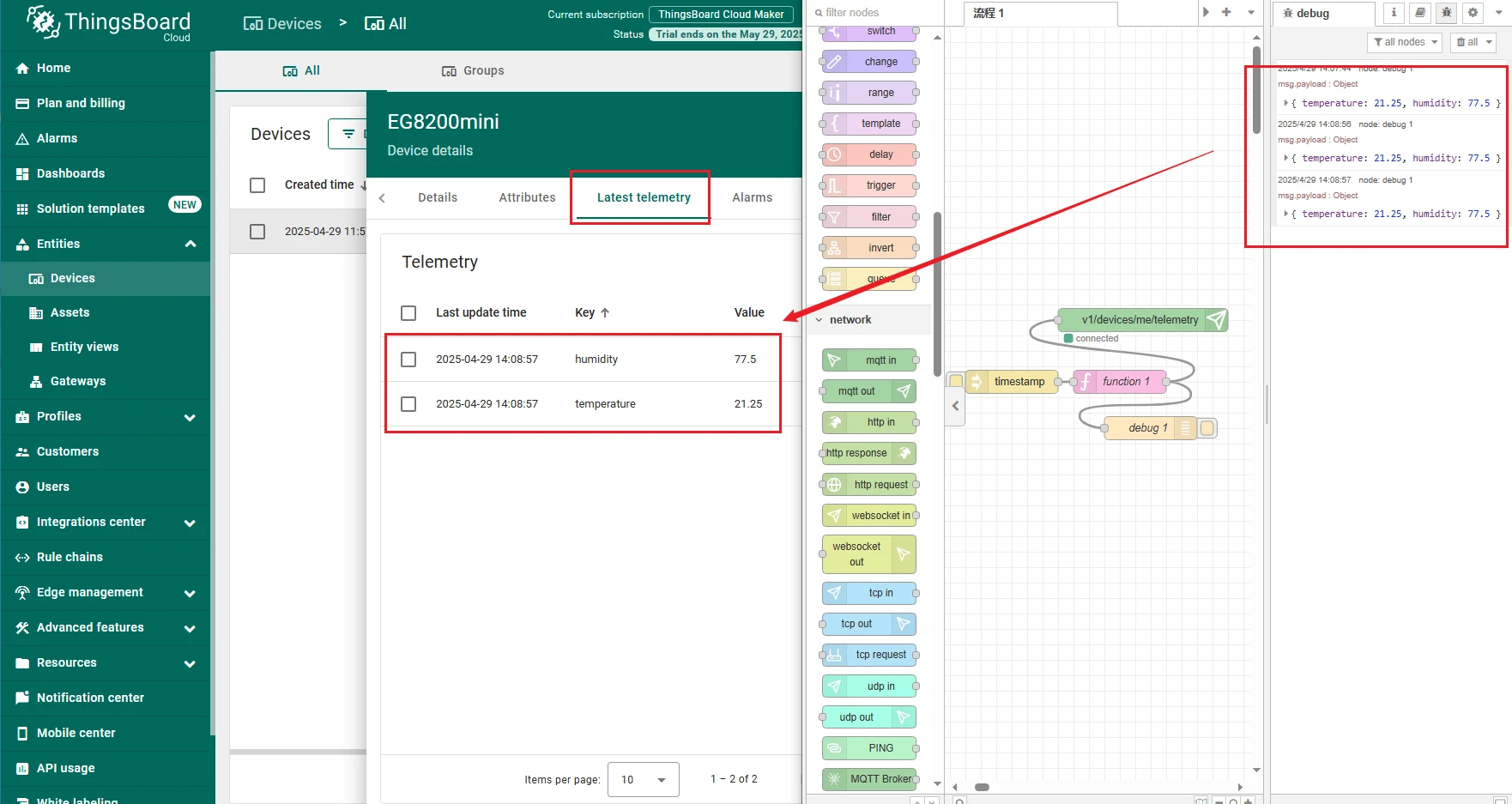 Click the created device and find the latest telemetry data received by the platform.