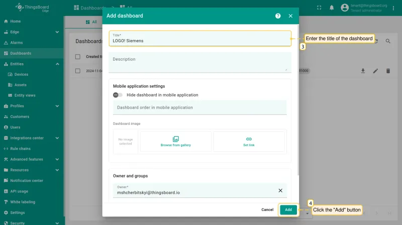 In the pop-up window, enter the dashboard **title**. Other fields are optional. Click the **"Add"** button to proceed.