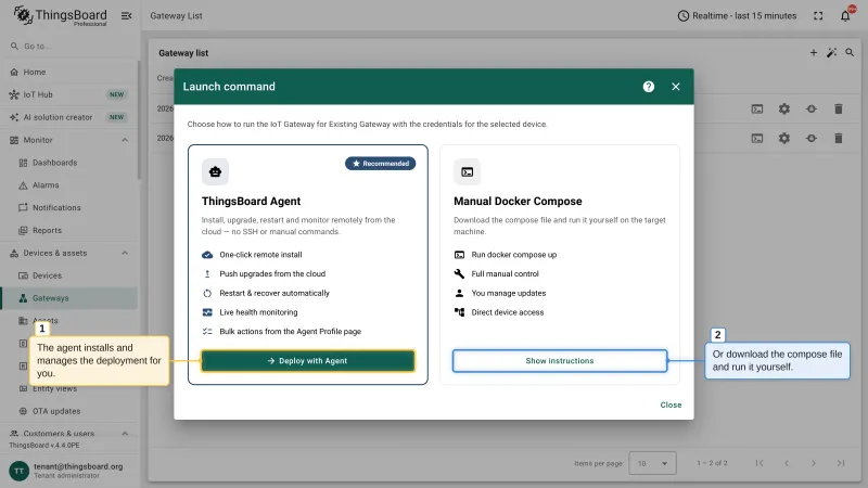 The Launch command dialog with the recommended ThingsBoard Agent option next to the Manual Docker Compose option