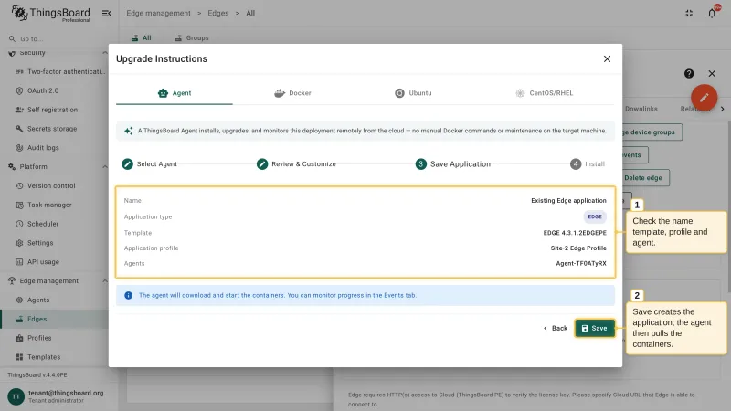 The Save Application step with the summary of the application name, type, template, application profile, and agent