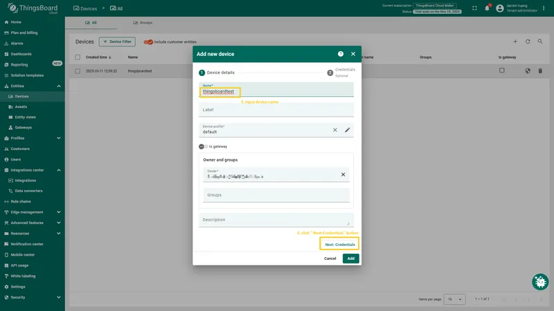 Enter the **device name** and click **Next: Credentials**.