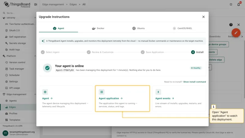 The Install step confirming the agent is online and healthy, with the cards linking to the agent, the agent application, and the agent events