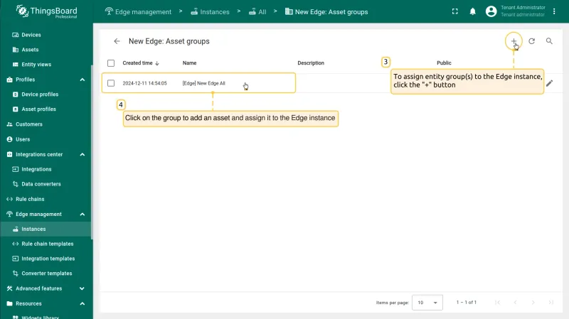 Asset groups page with assign and add options