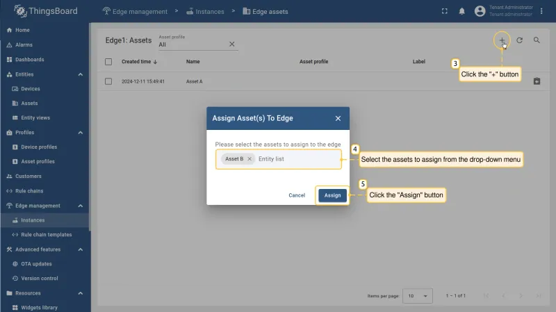 Edge assets dialog with asset selection dropdown