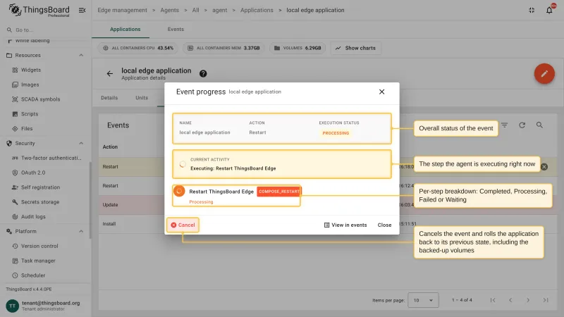 The Event progress dialog with the overall execution status, the step the agent is executing, the per-step breakdown, and the Cancel action
