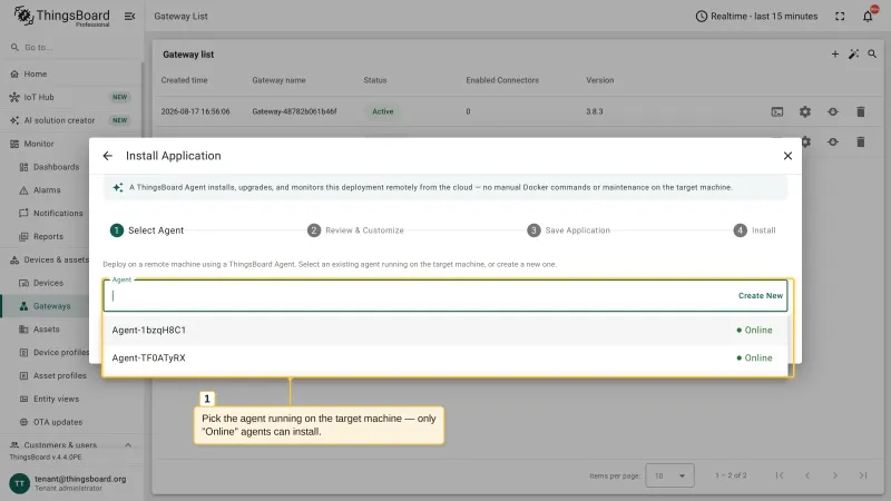 The Select Agent step of the Install Application wizard with the list of agents and their online status