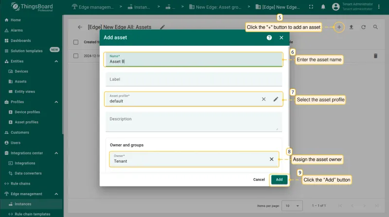 Asset group page with Add asset dialog