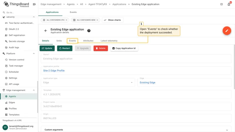 The application details page of the created Edge application with the Events tab highlighted
