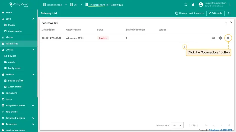 On the **“ThingsBoard IoT Gateways”** dashboards page, click the **“Connectors”** button.