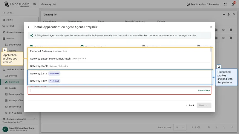 The application profile selector with the profiles created by the user and the predefined profiles shipped with the platform