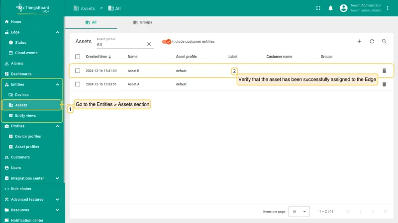 Assets section on Edge showing the assigned asset