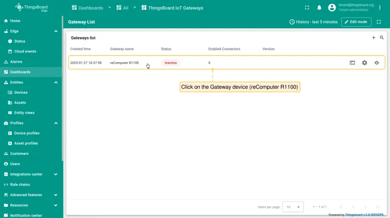 Go back to the **“ThingsBoard IoT Gateways”** dashboard page and click on the newly added **Gateway device** (reComputer R1100).
