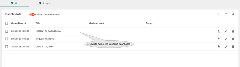 After importing the dashboard, it will go back to the dashboards list, click to select and open the imported dashboard.