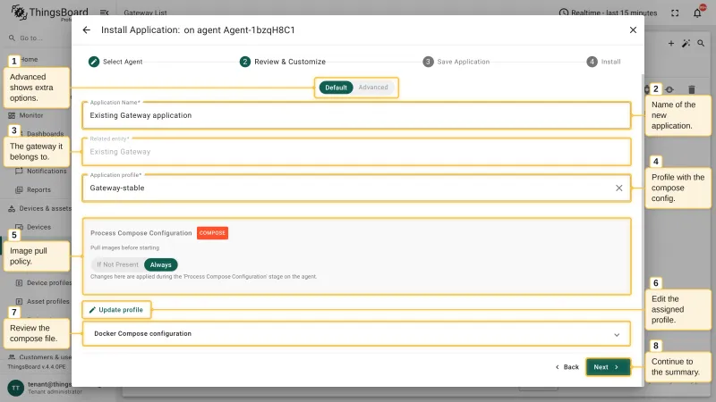 The Review and Customize step with the application name, the read-only related gateway device, the application profile, the image pull policy, the Update profile button, and the Docker Compose configuration expander