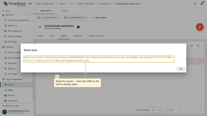 The Event error dialog with the error reason: the container failed to start because a port on the host is already allocated